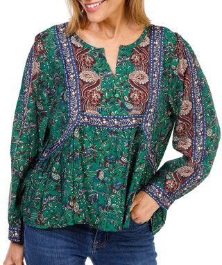 Thumbnail 1: Hester & Orchard Women's Long Sleeve Boho Floral Split Neck Top 