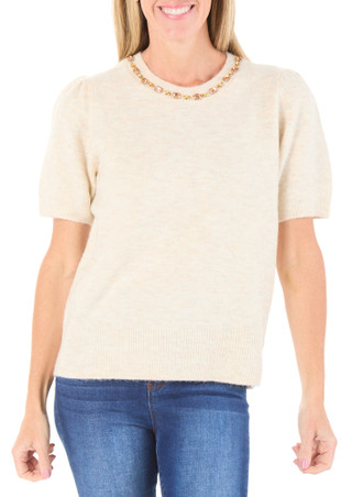 Thumbnail 1: Parker Women's Short Sleeve Jewel Neck Cozy Sweater Top 