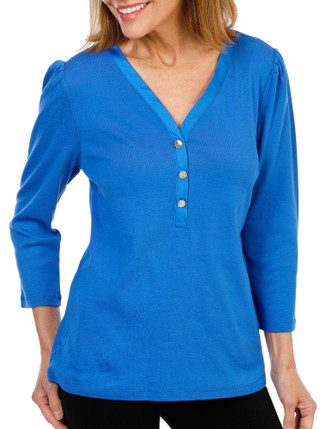 Thumbnail 1: Rafaella Women's 3/4 Puff Sleeve Henley V-Neck Top 