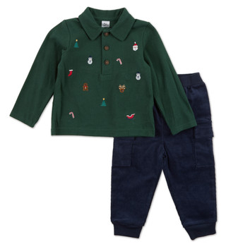Thumbnail 1: Baby Essentials Baby Boys Christmas Embroidered Polo & Pants Set 