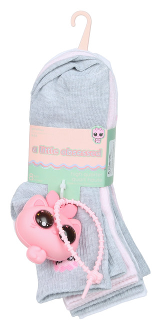 Thumbnail 1: A little obsessed Girls 8 Pk High Quarter Socks w/ Cat Keychain 