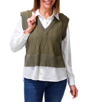 Thumbnail 1: RIO & RIAN Women's Petite Long Sleeve Twofer Sweater Top 