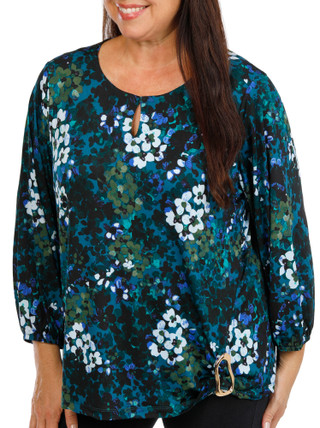 Thumbnail 1: Zac & Rachel Women's Plus 3/4 Sleeve Printed Side Ruched Top 