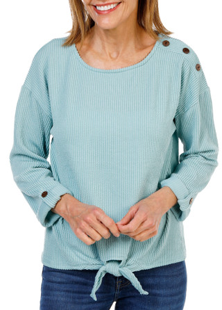 Thumbnail 1: Set The Stage Women's Tie Front Button Shoulder Roll Tab Sleeve Top 