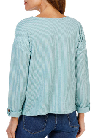 Thumbnail 2: Set The Stage Women's Tie Front Button Shoulder Roll Tab Sleeve Top 
