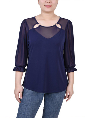 Thumbnail 1: NY COLLECTION NY Collection Petite 3/4 Sleeve Ringed Top With Mesh 