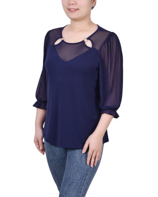 Thumbnail 3: NY COLLECTION NY Collection Petite 3/4 Sleeve Ringed Top With Mesh 
