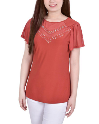 Thumbnail 1: NY COLLECTION NY Collection Womens Studded Flutter Sleeve Mesh Detail Top 