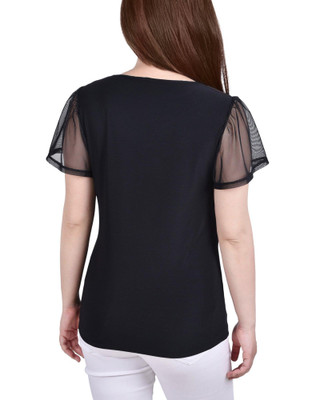 Thumbnail 3: NY COLLECTION NY Collection Womens Studded Flutter Sleeve Mesh Detail Top 