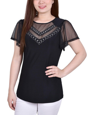 Thumbnail 1: NY COLLECTION NY Collection Womens Studded Flutter Sleeve Mesh Detail Top 