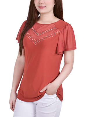 Thumbnail 2: NY COLLECTION NY Collection Womens Studded Flutter Sleeve Mesh Detail Top 