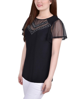Thumbnail 2: NY COLLECTION NY Collection Womens Studded Flutter Sleeve Mesh Detail Top 