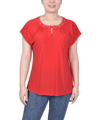 Thumbnail 1: NY COLLECTION Womens Petite Short Extended-Sleeve Grommet Neck Knit Top 