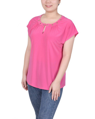 Thumbnail 3: NY COLLECTION Womens Petite Short Extended-Sleeve Grommet Neck Knit Top 