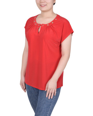Thumbnail 3: NY COLLECTION Womens Petite Short Extended-Sleeve Grommet Neck Knit Top 