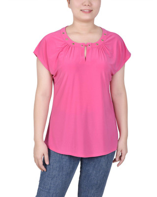 Thumbnail 1: NY COLLECTION Womens Petite Short Extended-Sleeve Grommet Neck Knit Top 