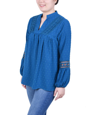 Thumbnail 2: NY COLLECTION NY Collection Petite Long Sleeve Blouse With Crochet Trim 