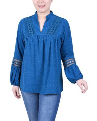 Thumbnail 1: NY COLLECTION NY Collection Petite Long Sleeve Blouse With Crochet Trim 