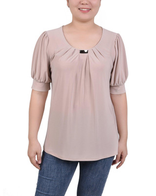 Thumbnail 1: NY COLLECTION Womens Petite Short Sleeve Balloon Sleeve Top With Hardware 
