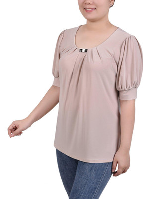 Thumbnail 3: NY COLLECTION Womens Petite Short Sleeve Balloon Sleeve Top With Hardware 