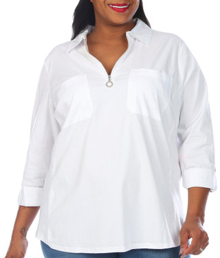 Thumbnail 1: Coral Bay Coral Bay Plus Solid Knit To Fit Zip 3/4 Sleeve Top 