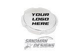 Polished billet 16 lb finger-groove radiator cap for all GM cars, with sample text YOUR LOGO HERE on top