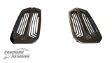 Pair of dark polished billet door jamb vents for 1968–72 A-Body cars, with long rounded slots and a small logo