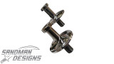 Pair of polished billet door striker bolts for GM A-Body and F-Body cars, angled to show the threaded studs