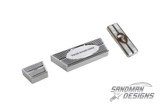 Polished billet pedal set for 1968–72 A-Body cars: parking brake, brake pedal engraved YOUR NAME HERE, and gas pedal with an emblem