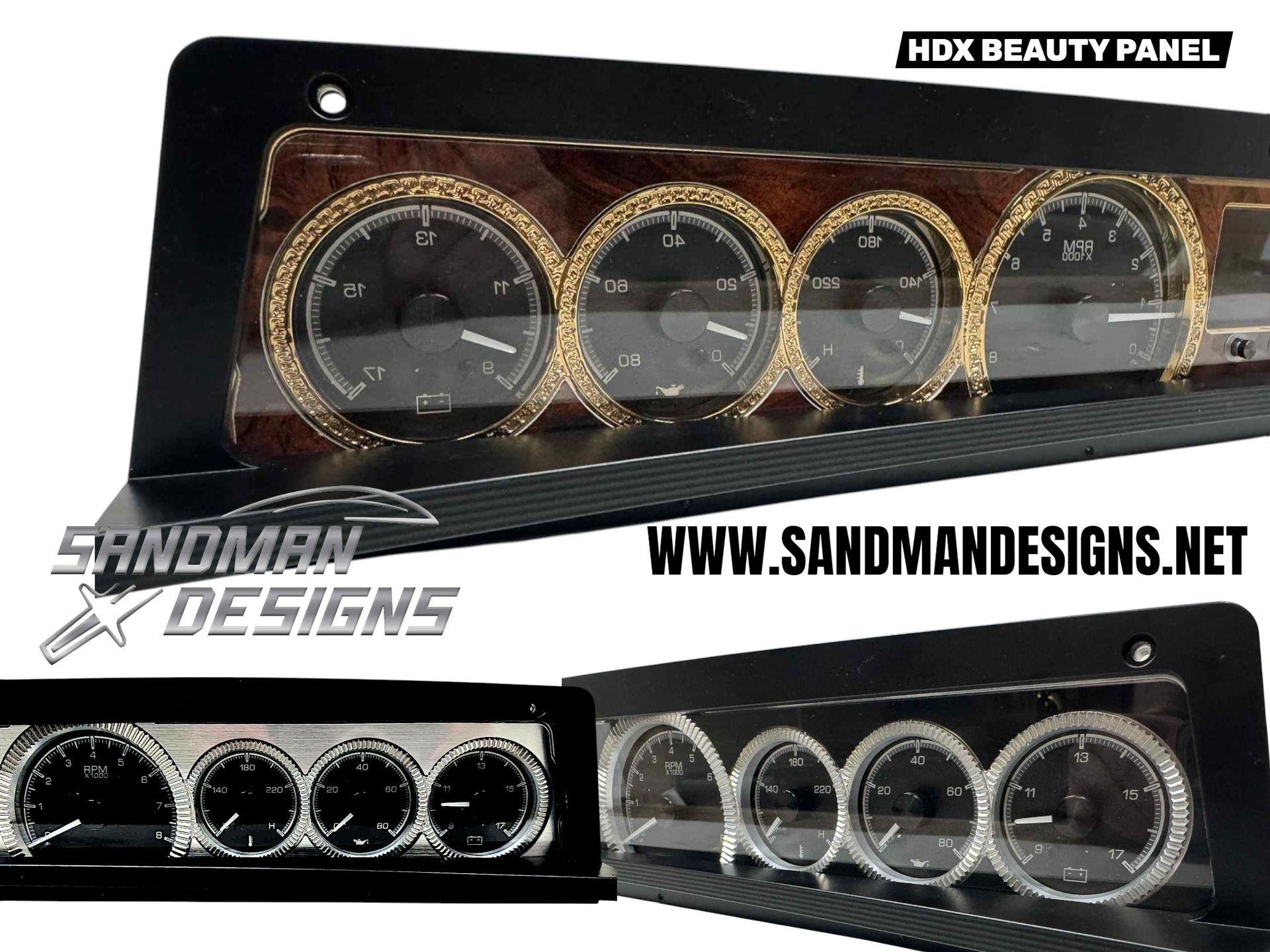 HDX Beauty Panel billet gauge panel with gold-trimmed gauges on woodgrain, plus two silver-ring versions