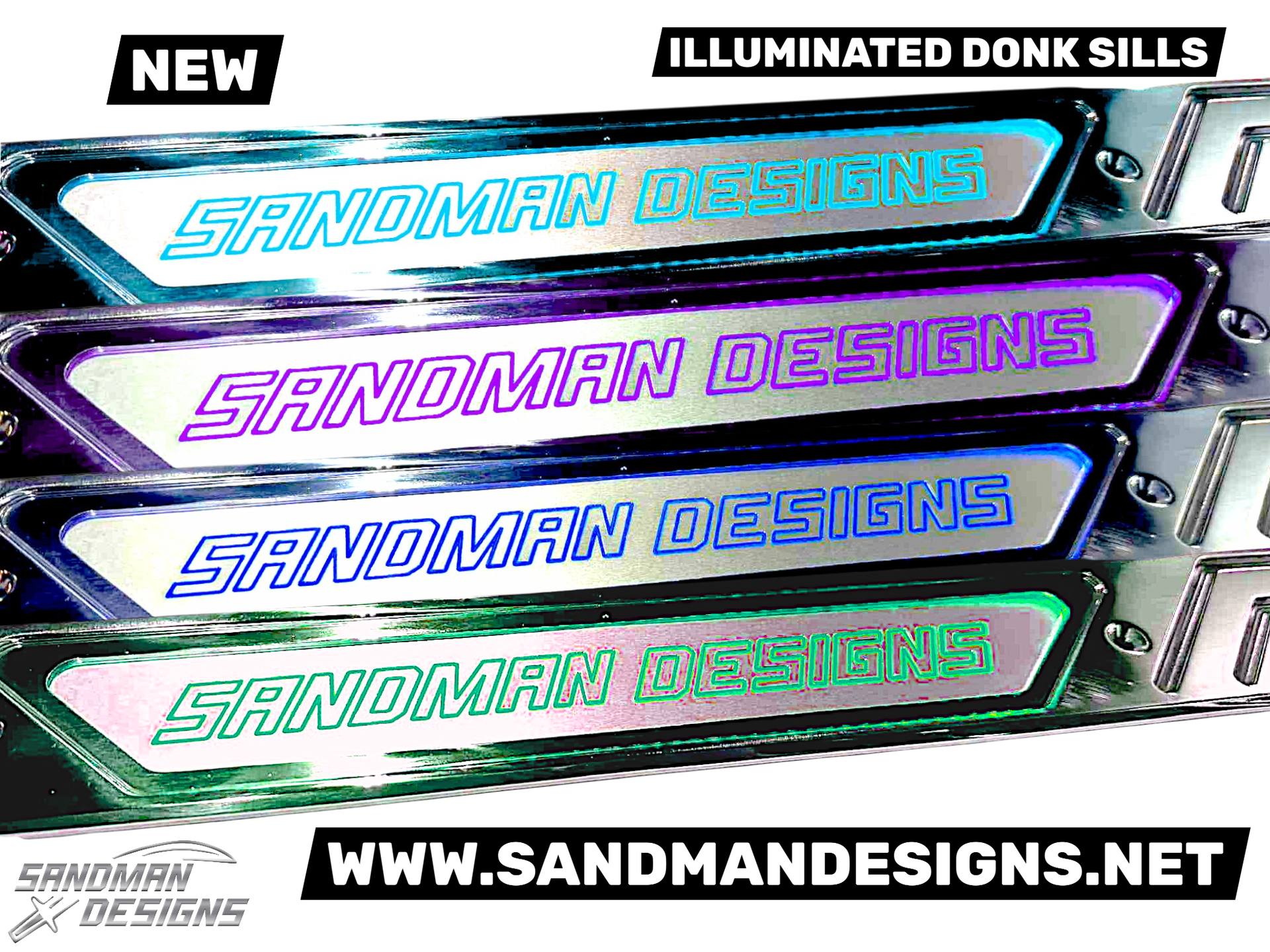 Illuminated billet door sills with the Sandman Designs logo lit in cyan, purple, blue and green