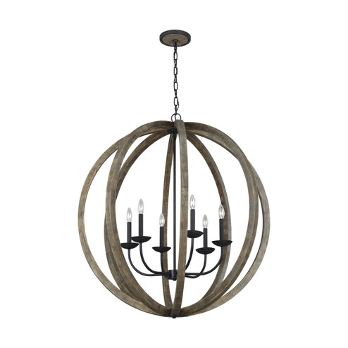 Allier Six Light Pendant in Weathered Oak Wood / Antique Forged Iron (454|F3186/6WOW/AF)