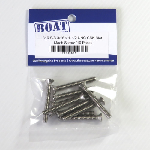 316 Stainless Steel Countersunk Slotted Machine Screws - 3/16" UNC Thread