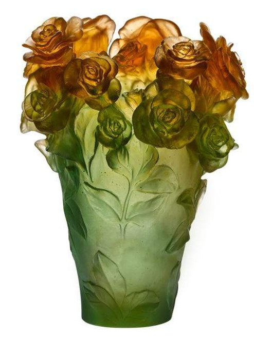 Daum Crystal Rose Passion Vase- Green Orange