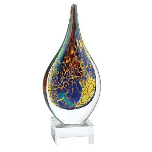 Firestorm Murano Style Art Glass 11" Teardrop on a Clear Crystal Base