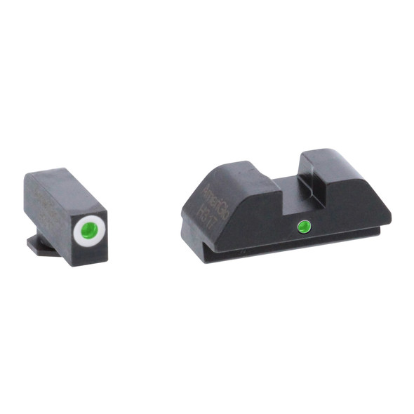 AmeriGlo Tritium I-Dot Sight Set For GLOCK 42/43 Green Tritium Front With White Outline Green Tritium Rear With Square Notch Steel Matte Black