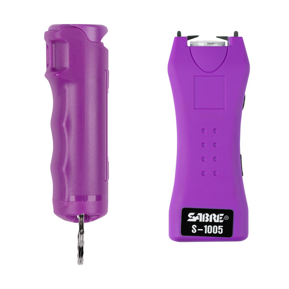Sabre, Stun Gun and Pepper Spray Package, Purple Color, Stun Gun w/ Built-in 120 Lumen Flashlight, Flip top Pepper Spray