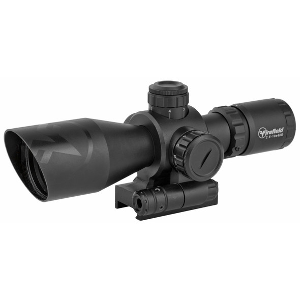 Firefield Barrage 2.5-10x40 Rifle Scope Illuminated Mil-Dot Reticle 1/2 MOA Second Focal Plane CR2032 Battery With Red Laser Integral Weaver-Style Mount Matte Black Finish