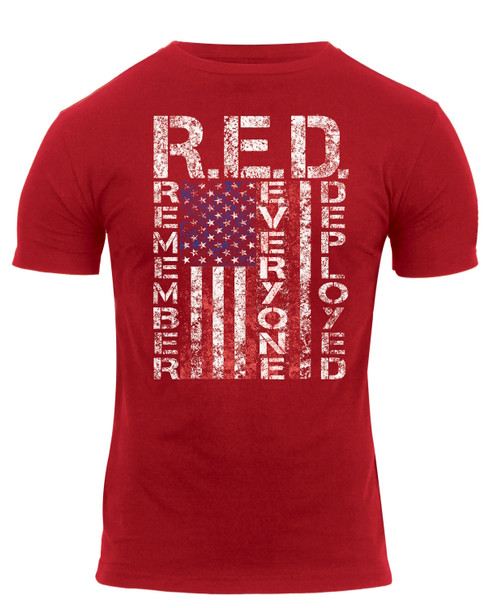 Remember Everyone Deployed with Rothco's Athletic Fit R.E.D. T-shirt. These shirts are made from a super comfortable cotton/poly ring spun material and features a slightly smaller chest, smaller armholes and smaller sleeve opening for a more athletic fit and style. The R.E.D. design is featured in the center chest and is meant to honor those who have served or are currently serving in the military overseas (RED- Remember Everyone Deployed). Tagless label and inset collar offer maximum comfort no matter where you go.