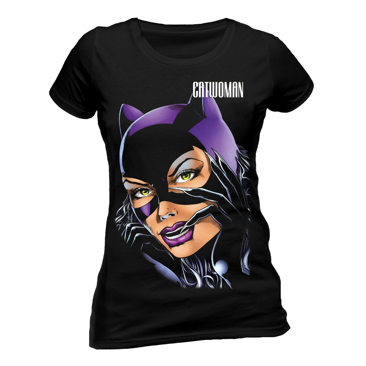 Catwoman Face Ladies Official DC Comics Fitted Black T-Shirt. Now
