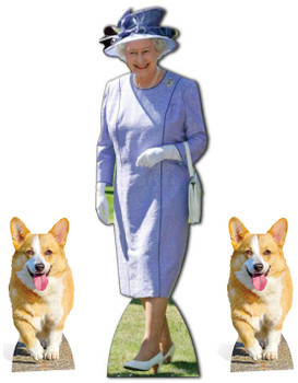 Queen Elizabeth II Lilac Dress with 2 Royal Corgis Cardboard Cutout Set Queen Elizabeth II Lilac Dress with 2 Royal Corgis Cardboard Cutout Set