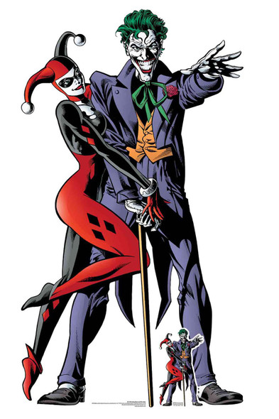 Offizieller lebensgroßer Pappaufsteller im Comic-Stil von Harley Quinn und dem Joker