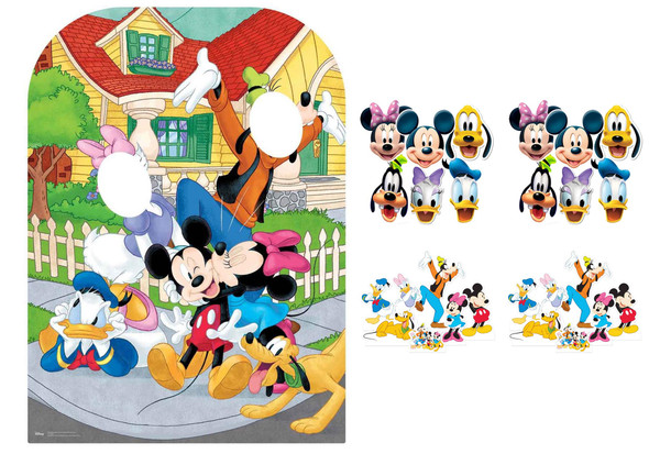 Pack de fiesta de Mickey Mouse y sus amigos con soporte de cartón, máscaras y tableros de mesa