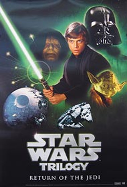 TRILOGÍA STAR WARS (Video El Retorno del Jedi) (RECUBIERTO UV/ALTO BRILLO) PÓSTER DE ANUNCIO DE VIDEO/DVD ORIGINAL