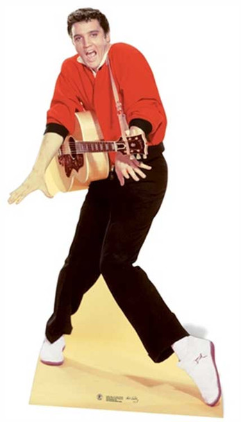 Elvis portant une veste rouge et une découpe de guitare