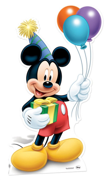 Mickey Mouse trägt Partyhut und hält Luftballons. Lebensgroßer Pappausschnitt / Standee