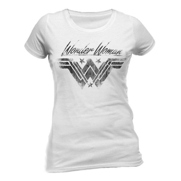 Wonder Woman Ink Effect Logo Ladies Fitted White T-Shirt