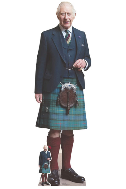 Rey Carlos III falda escocesa de tamaño natural recorte de cartón / standee / standup
