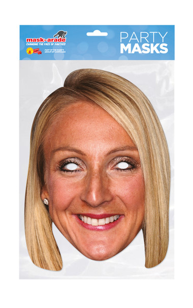 Paula Radcliffe trägt eine Party-Gesichtsmaske mit Promi-Karte