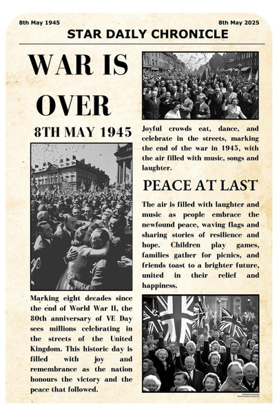 The War is Over Vintage Newspaper Cardboard Backdrop VE Day